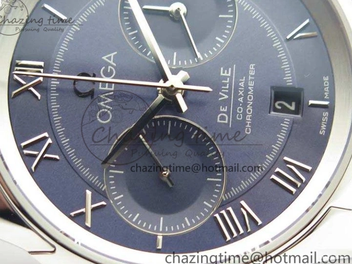 0308 MoistureWicking De Ville Chronograph SS OMF 1:1 Best Edition Blue Dial On Blue Leather Strap A 8110